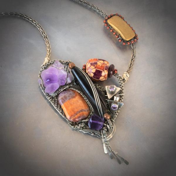 Amethyst, fire agate, wood silver woven heart pendant
