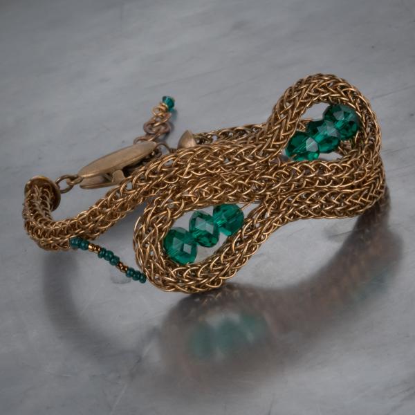 Green crystal and bronze viking knit cuff picture