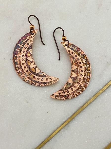 Acid etched copper mandala earrings picture