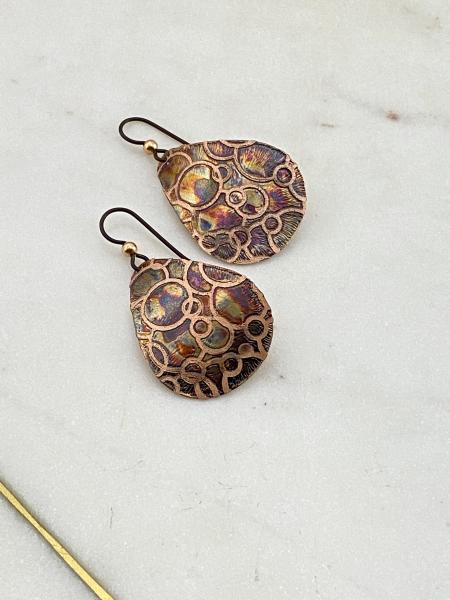 Acid etched copper teardrop earrings