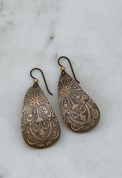 Acid etched copper teardrop earrings