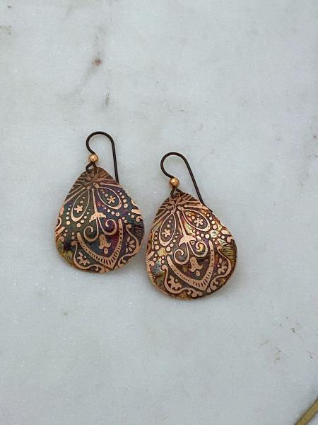 Acid etched copper teardrop earrings picture