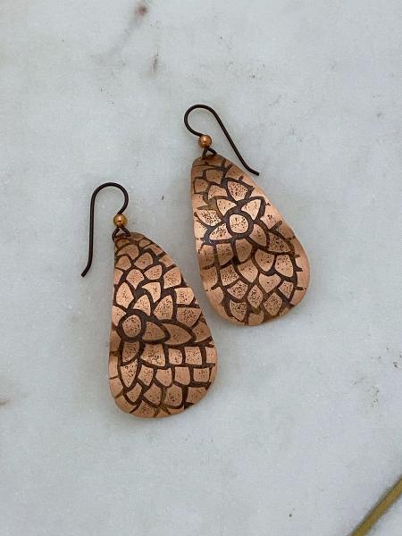 Acid etched copper teardrop earrings picture