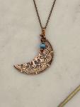 Acid etched copper crescent moon necklace with apatite gemstone