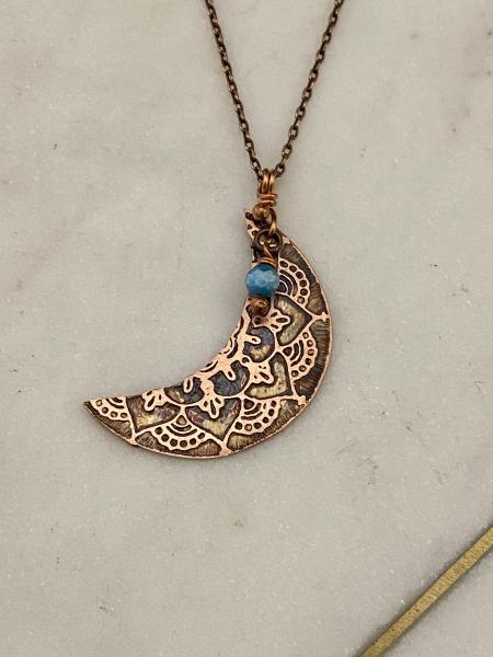 Acid etched copper crescent moon necklace with apatite gemstone picture