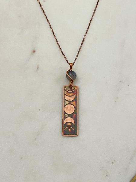 Acid etched copper moon phase necklace with moss agate