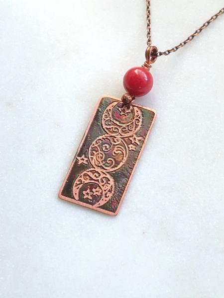 Acid etched copper moon necklace with coral picture