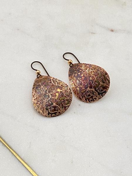 Acid etched copper teardrop earrings picture