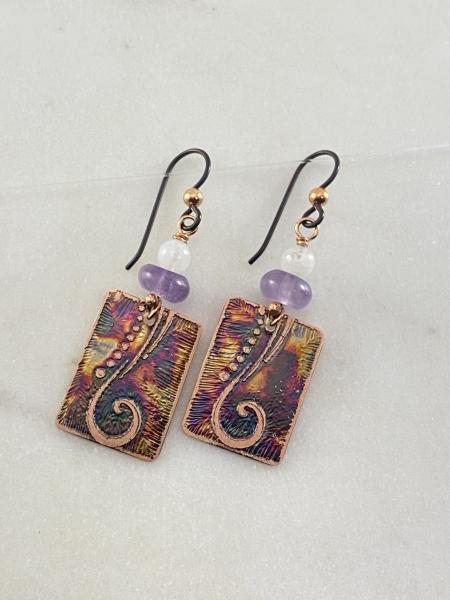 Acid etched copper earrings with amethyst and moonstone gemstones picture