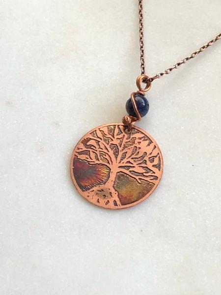 Acid etched copper tree necklace with sodalite