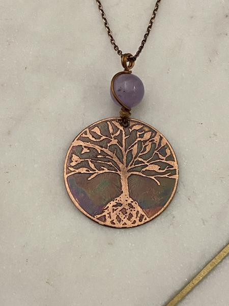 Acid etched copper tree necklace with amethyst picture