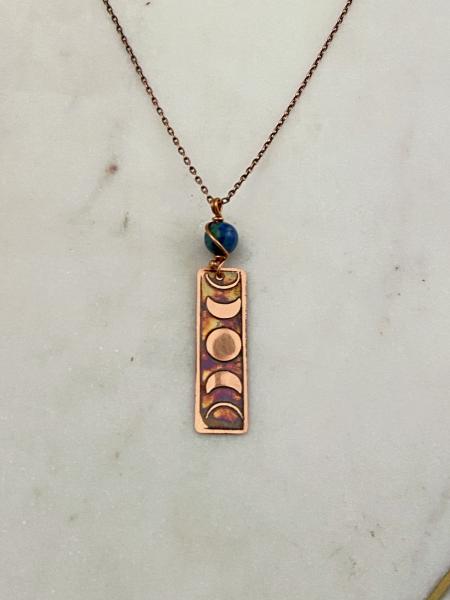 Acid etched copper moon phase necklace with azurite chrysocolla picture