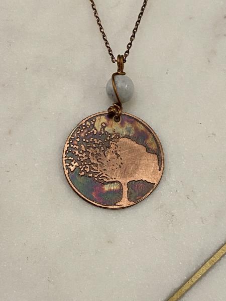 Acid etched copper blowing tree necklace with moonstone picture