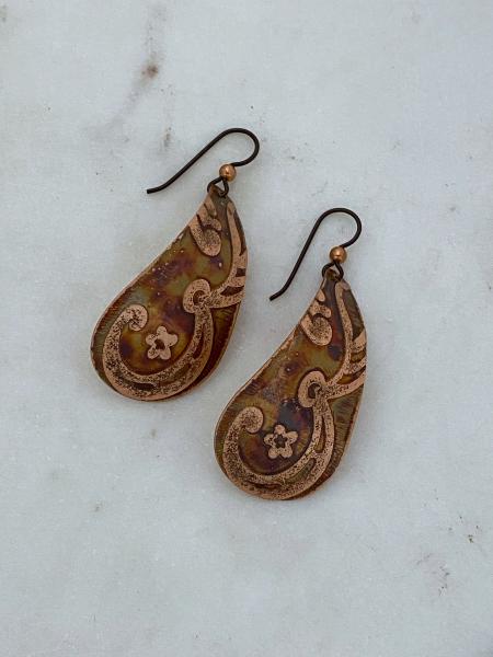 Acid etched copper teardrop earrings