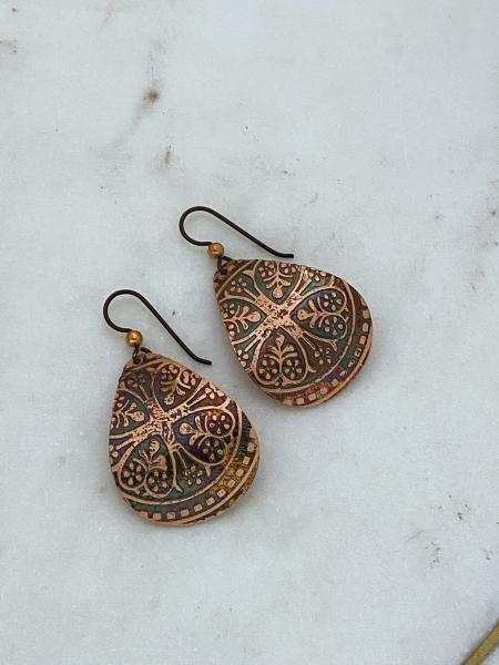 Acid etched copper teardrop earrings