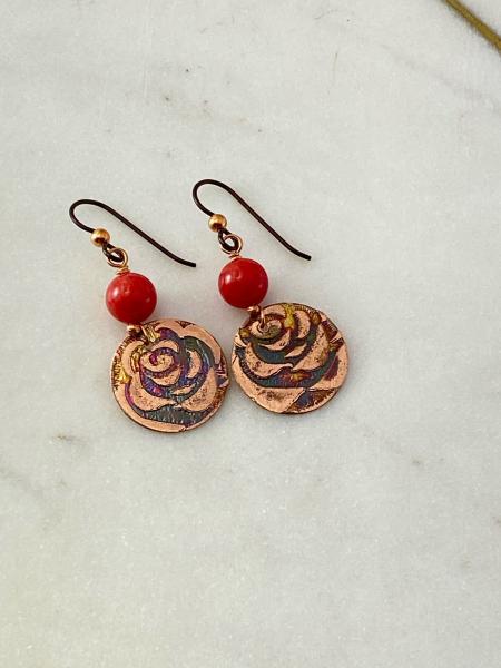 Acid etched copper earrings with coral gemstones picture