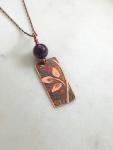 Acid etched copper leaf necklace with amethyst