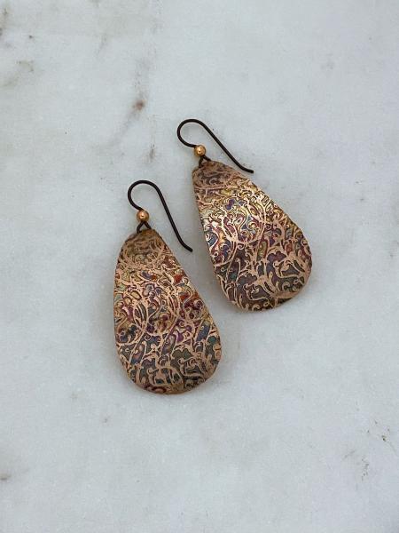 Acid etched copper teardrop earrings picture