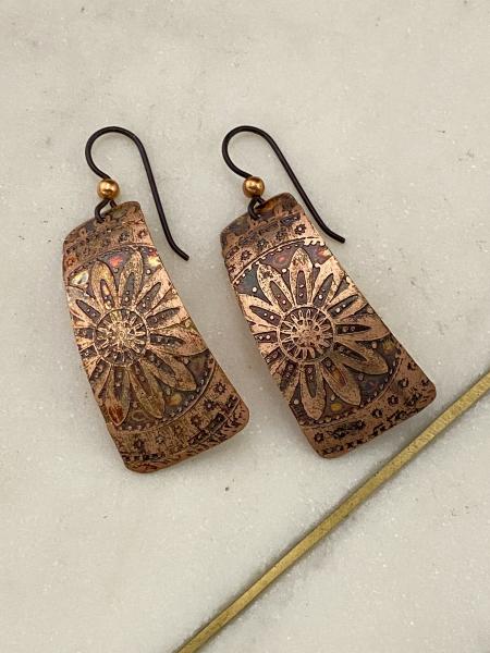 Acid etched copper mandala earrings