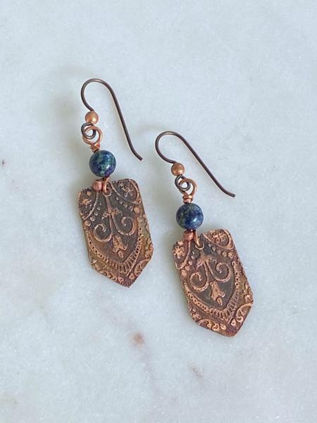 Acid etched copper earrings with chrysocolla picture