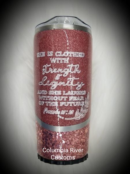 Rose Gold Glitter Tumbler She is Clothed with Strength picture