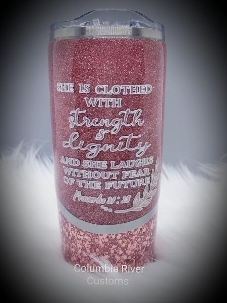 Rose Gold Glitter Tumbler She is Clothed with Strength picture