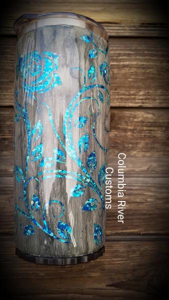 Gray Woodgrain Peekaboo Rambling Rose Glitter Tumbler picture