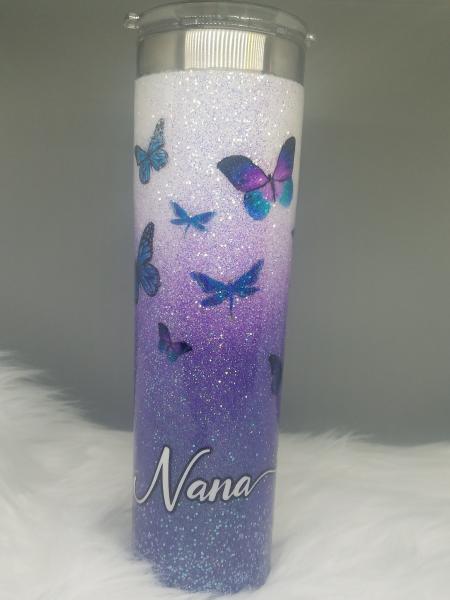 Dragonfly and Butterfly Purple Glitter Tumbler