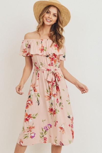 Off the shoulder waist belt printed midi dress picture