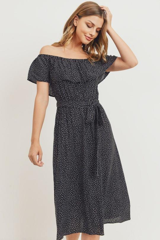 Off the shoulder waist belt printed midi dress picture