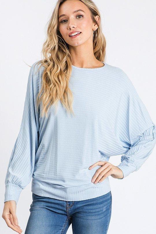 Dolman Long Sleeve Ribbed Top with Banded Hem