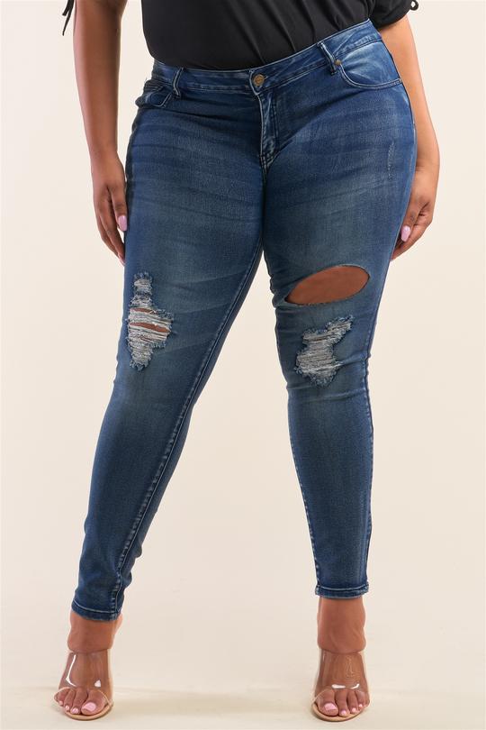 Plus Size Dark Blue Ripped Denim Jeans