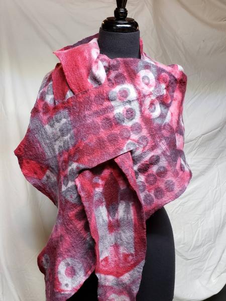 Resist printed felt shawl red and gray