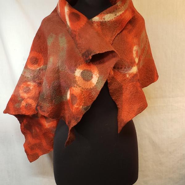 Hand felted shawl rust with resist printing