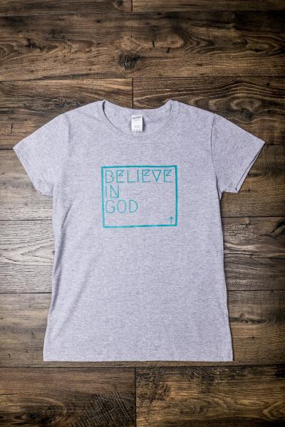 "Believe In God" T-shirt - Grey w/Turquoise picture