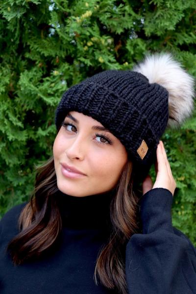 Black Fleece Lined Beanie with PomPom