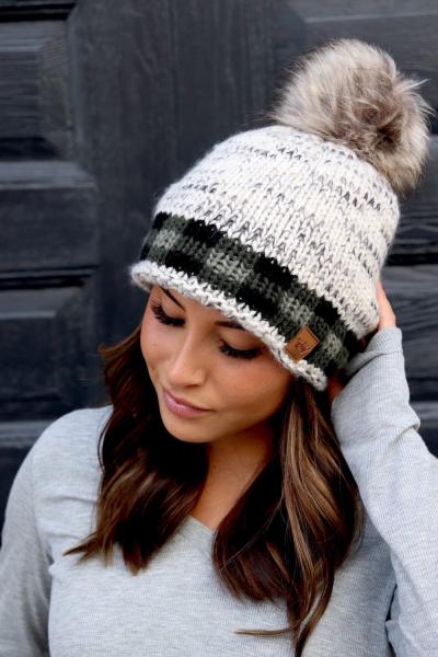 Green Buffalo Plaid Accent Beanie with PomPom