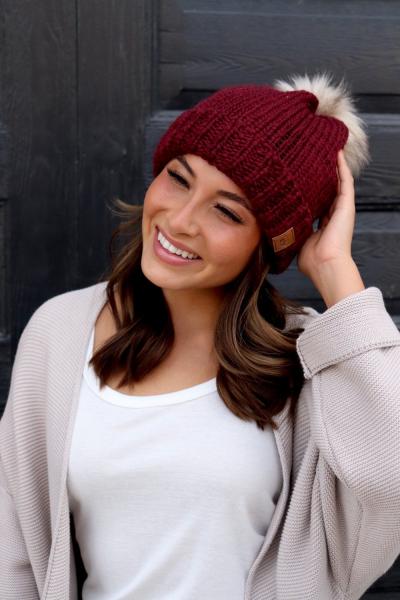 Wine Fleeced Lined Beanie with PomPom picture