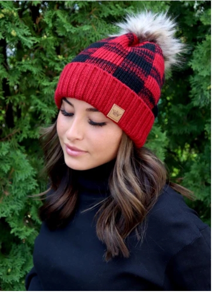 Black & Red Buffalo Plaid Beanie with PomPom picture