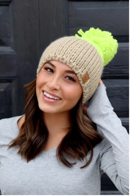 Neon Green & Taupe Fleece Lined Beanie