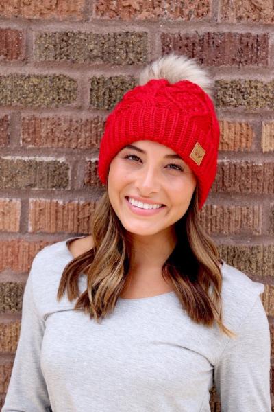 Red Fleece Lined Cable Knit Beanie