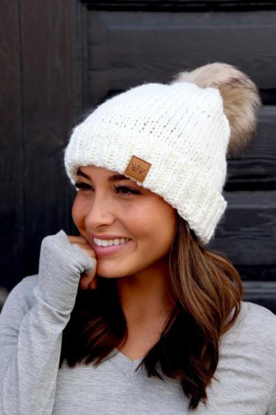 White Fleeced Lined Beanie with PomPom picture