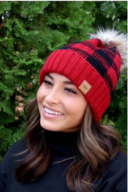 Black & Red Buffalo Plaid Beanie with PomPom picture