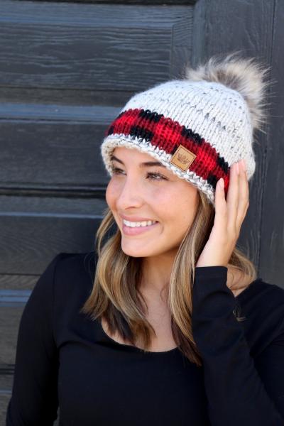 Red Buffalo Plaid Accent Beanie with PomPom