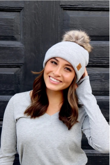 Light Grey Fleece Line Beanie with PomPom