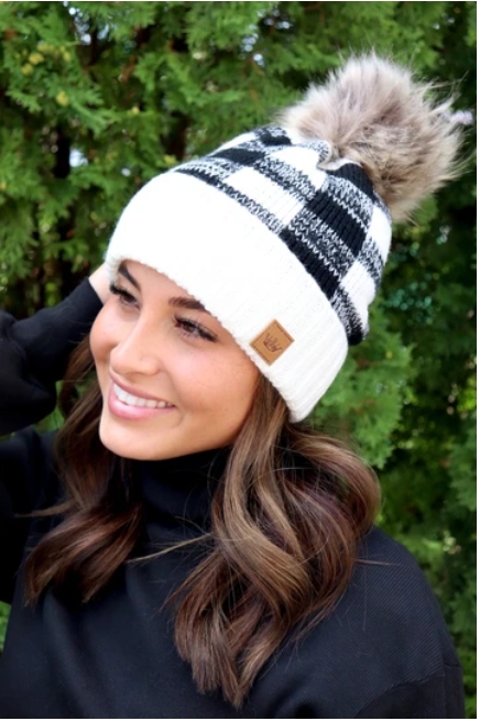 Black Buffalo Plaid Hat with PomPom picture