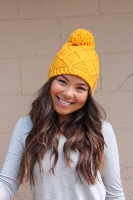 Mustard Fleece Knit Beanie with PomPom