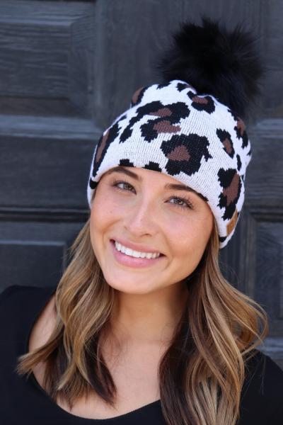 White Leopard Fleece Lined Beanie picture