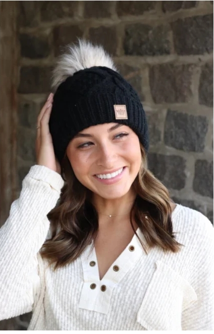 Black Fleece Lined Cable Knit Beanie picture