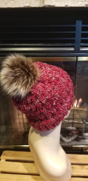 Red twist knit hat with faux fur pom picture